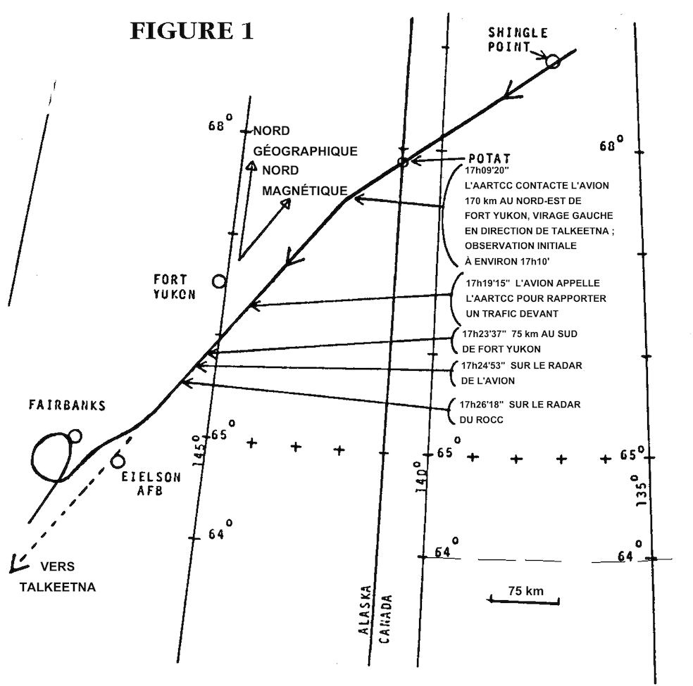 Trajectoire de l'avion: 17:08:20 contact de l'AARTCC à 170 km au nord-est de Fort Yukon, virage @agrave;gauche vers Talkeetna, observation initiale vers 17h10; 17:19:15 l'avion appelle l'AARTCC pour rapporter un trafic devant; 17:23:37 à 75 km au sud de Fort Yukon; 17:24:53 sur le radar de l'avikon; 17:26:18 sur le radar du ROCC