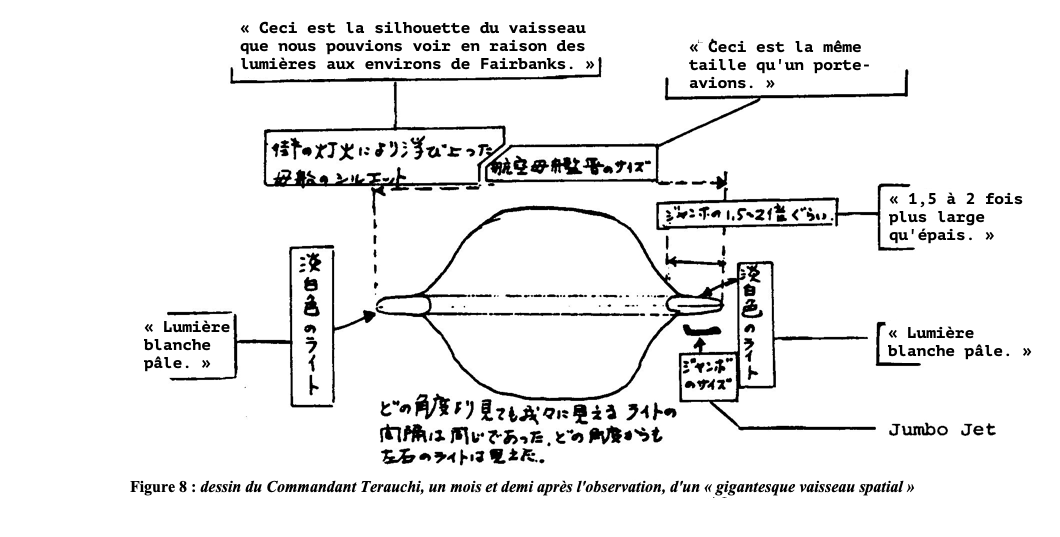 Dessin du Commandant Terauchi, un mois et demi après l'observation - Silhouette du vaisseau que nous pouvions voir en raison des lumières aux environs de Fairbanks - taille d'un porte-avions - lumières blanches pâles 1,5 fois plus larges qu'épaisses