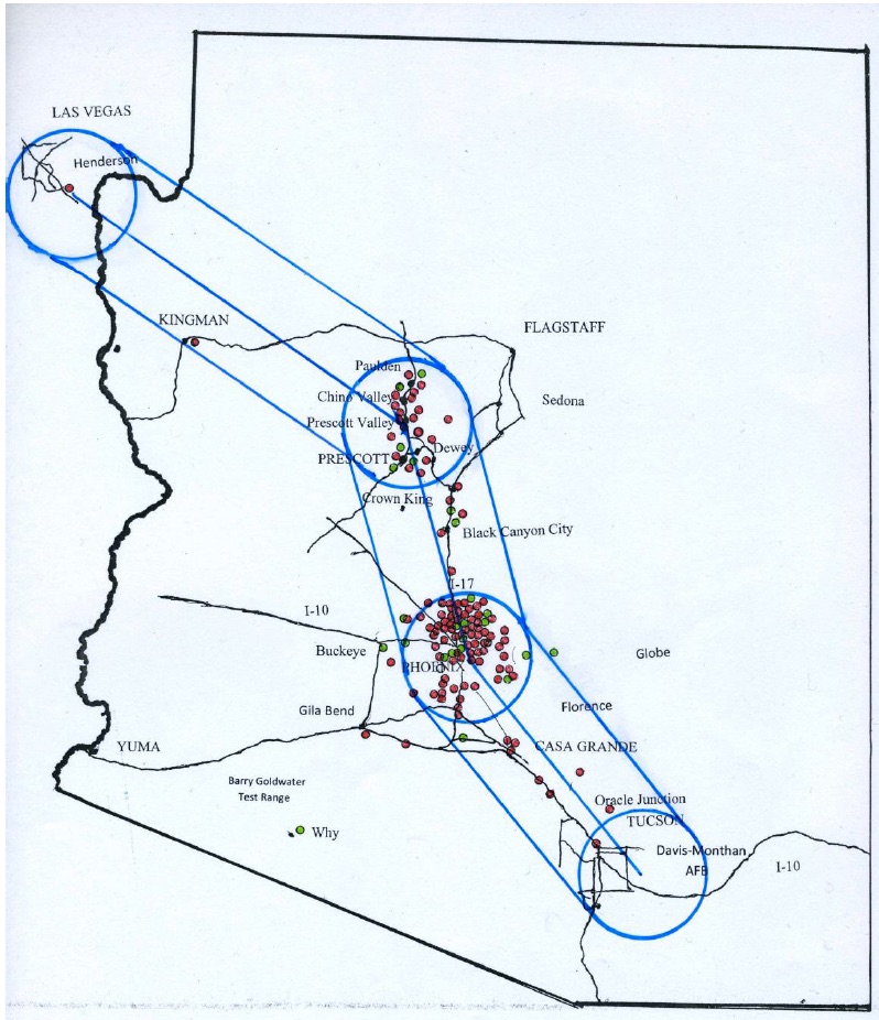 Trajectoire constituée d'un segment entre Las Vegas et Prescott, un second après un virage un peu à droite entre Prescott et Phoenix, et un troisième après un virage à gauche entre Phoenix et Tucson