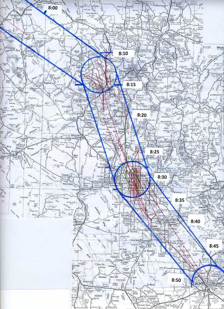 Horaires de passage approximatifs, de 20 h près de Kingman à 21 h près de Tucson 