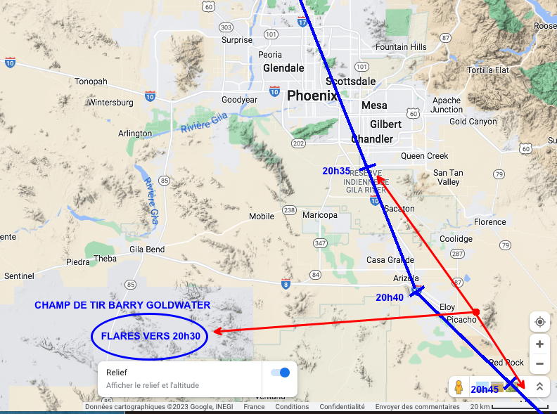 Du mont Picachu, on voit le champ de tir Barry Goldwater à une centaine de kilomètres à l'ouest, et les avions qui passaient à une dizaine de kilomètres.